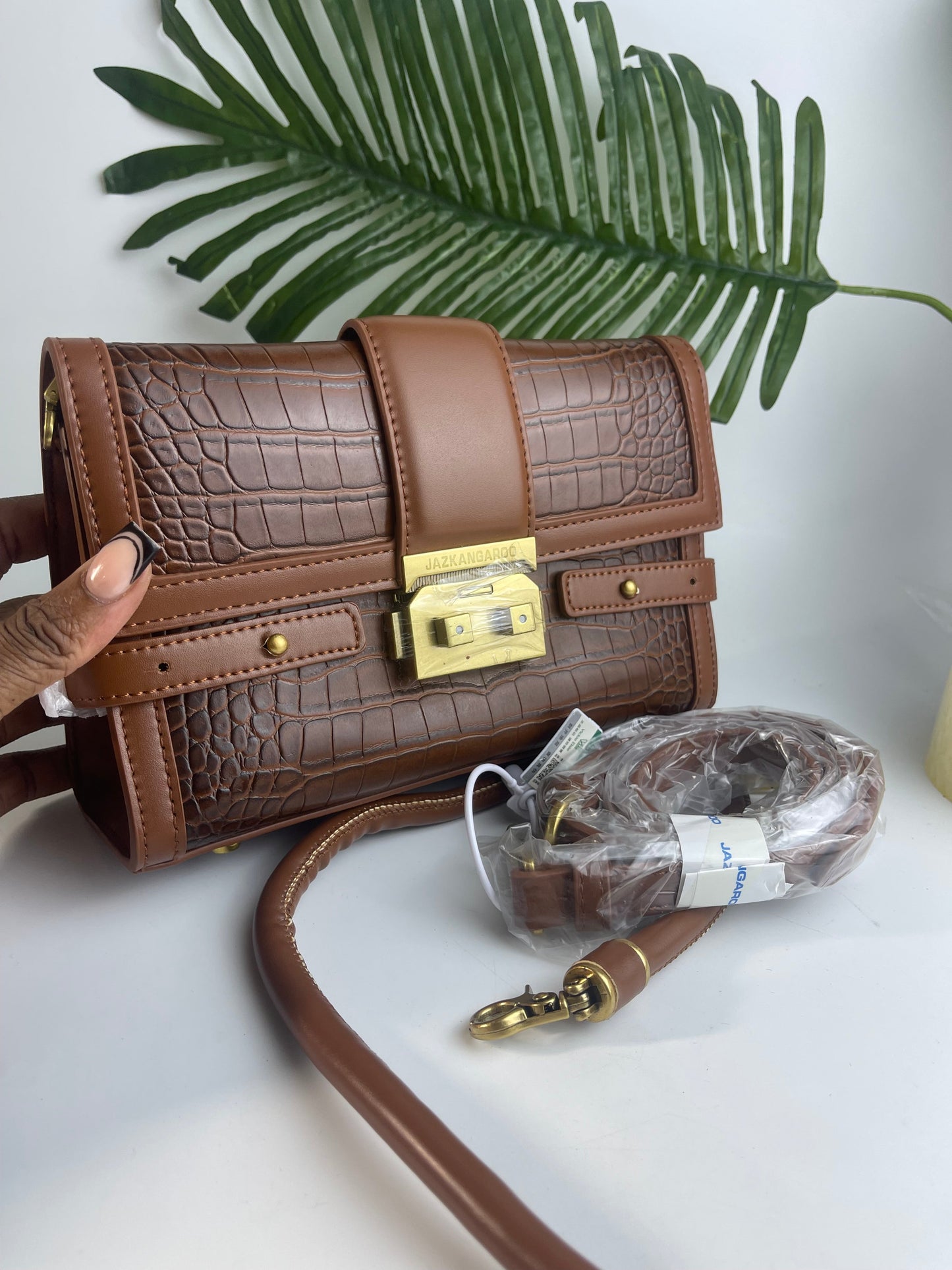 Brown leather handbag