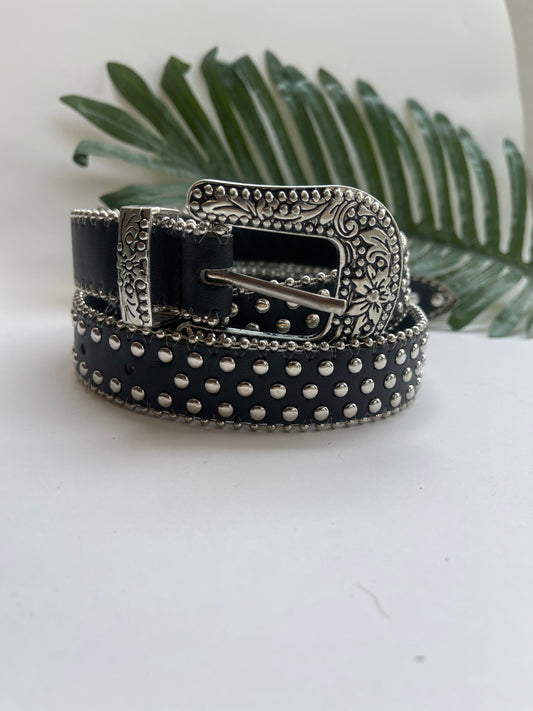 Black stoned leather belt